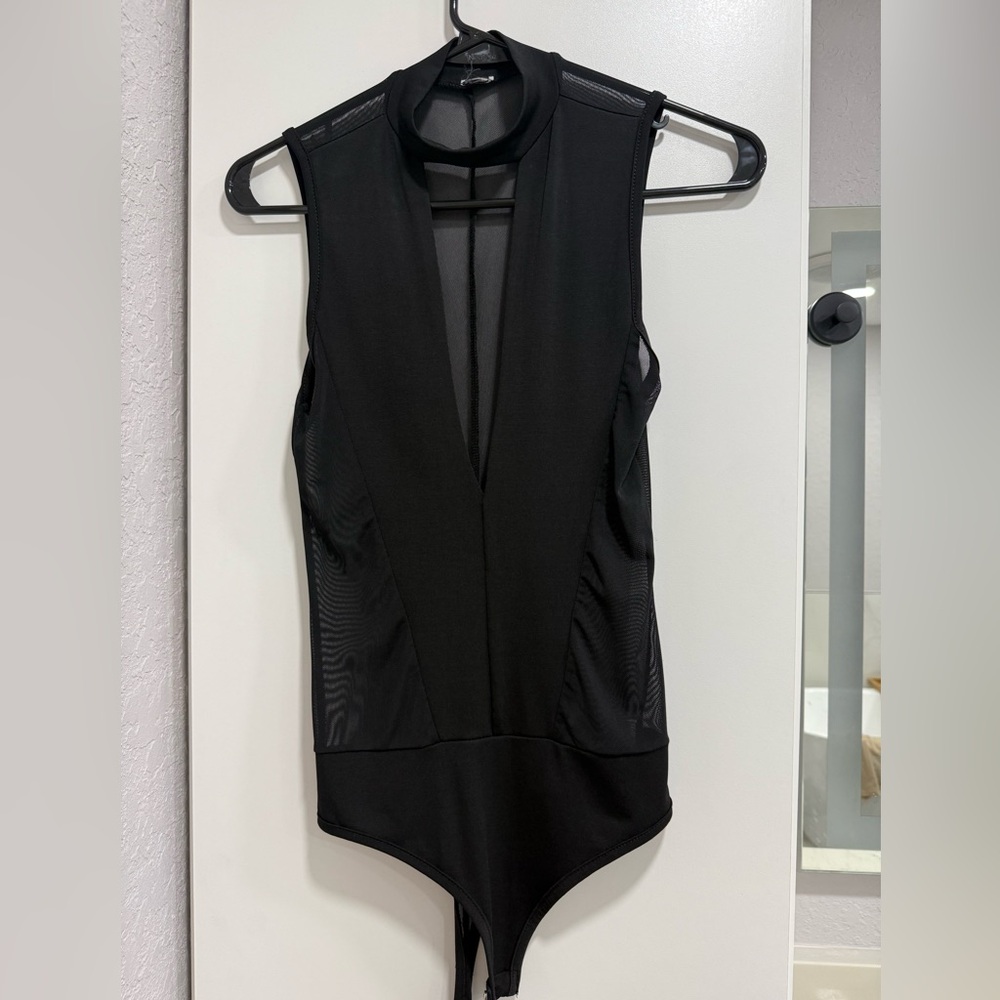 Sheer plunge neck bodysuit